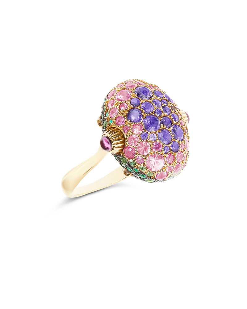 "Reverse" Gold, Sapphire, Tsavorite, Amethyst, Green Labradorite and Rock Crystal Double-face Ring  (LARGE)