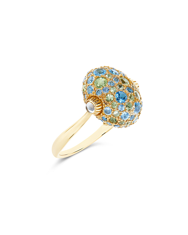 "Reverse" Gold, Blue Diamonds, Swiss Blue Topaz, Green Sapphires and London Blue Topaz Double-face Ring (MEDIUM)