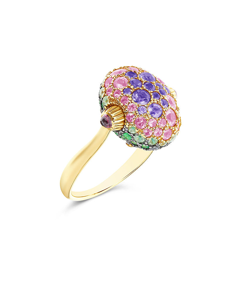 "Reverse" Gold, Sapphire, Tsavorite, Amethyst, Green Labradorite and Rock Crystal Double-face Ring (MEDIUM)