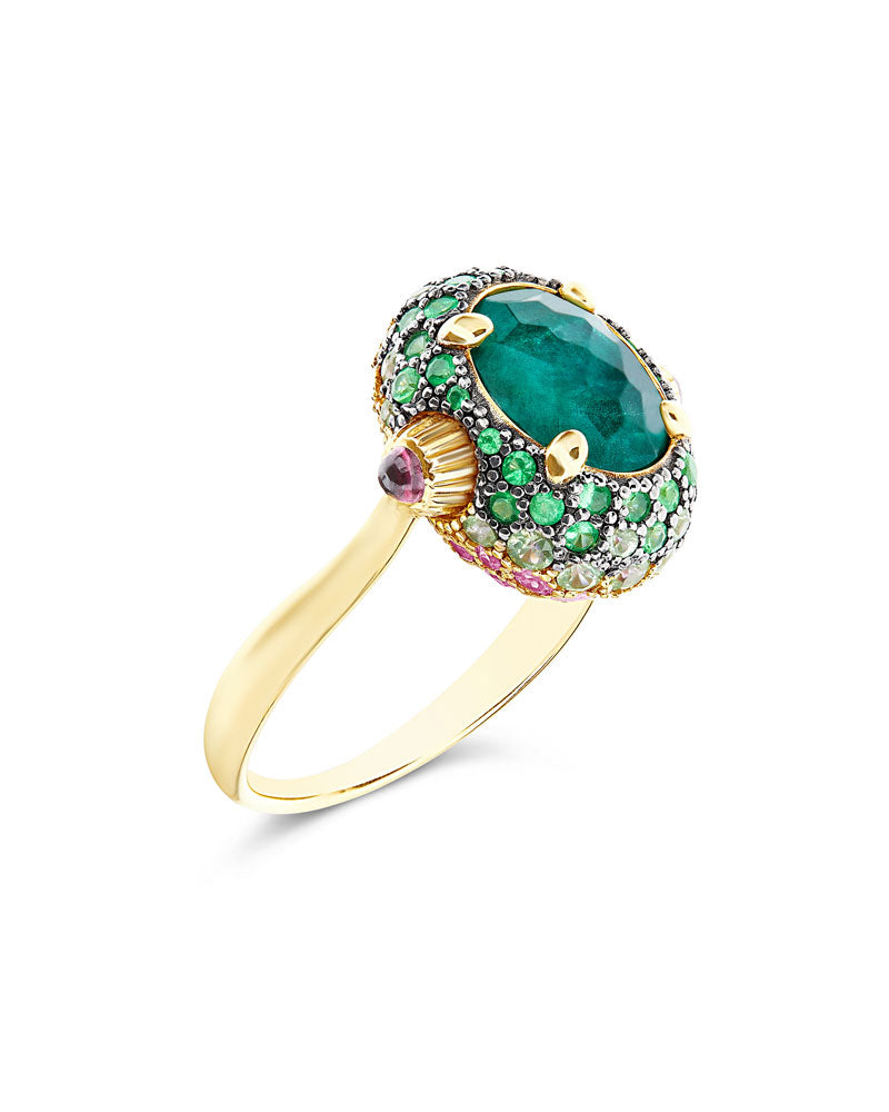 "Reverse" Gold, Sapphire, Tsavorite, Amethyst, Green Labradorite and Rock Crystal Double-face Ring (MEDIUM)