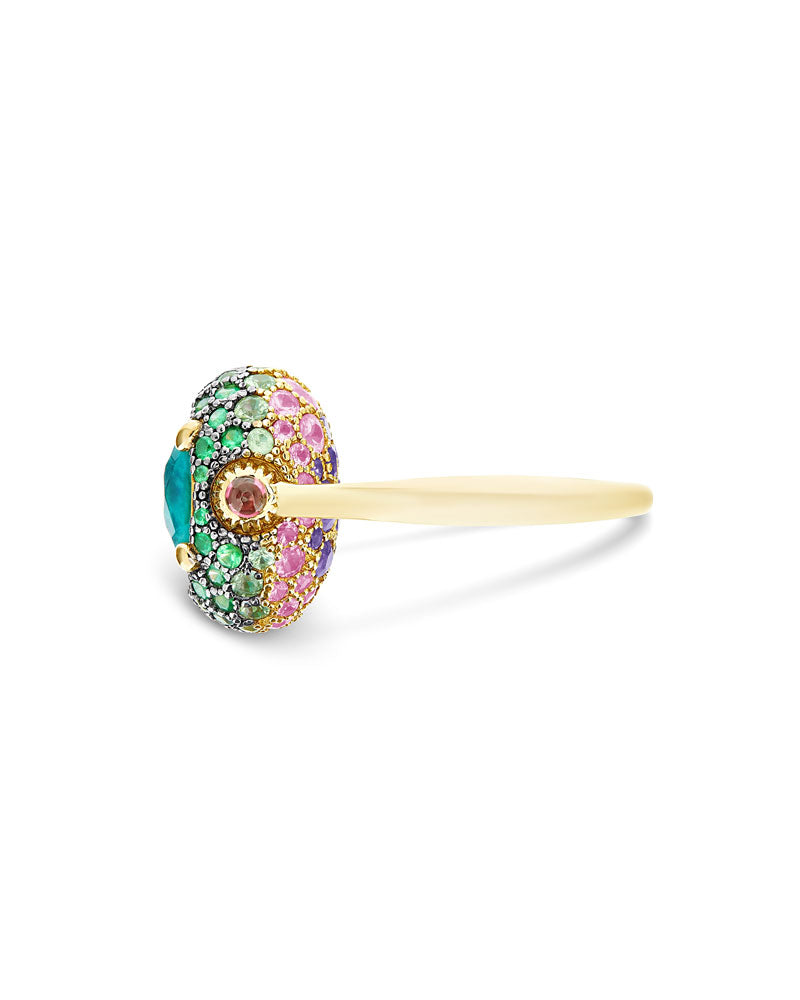 "Reverse" Gold, Sapphire, Tsavorite, Amethyst, Green Labradorite and Rock Crystal Double-face Ring (MEDIUM)