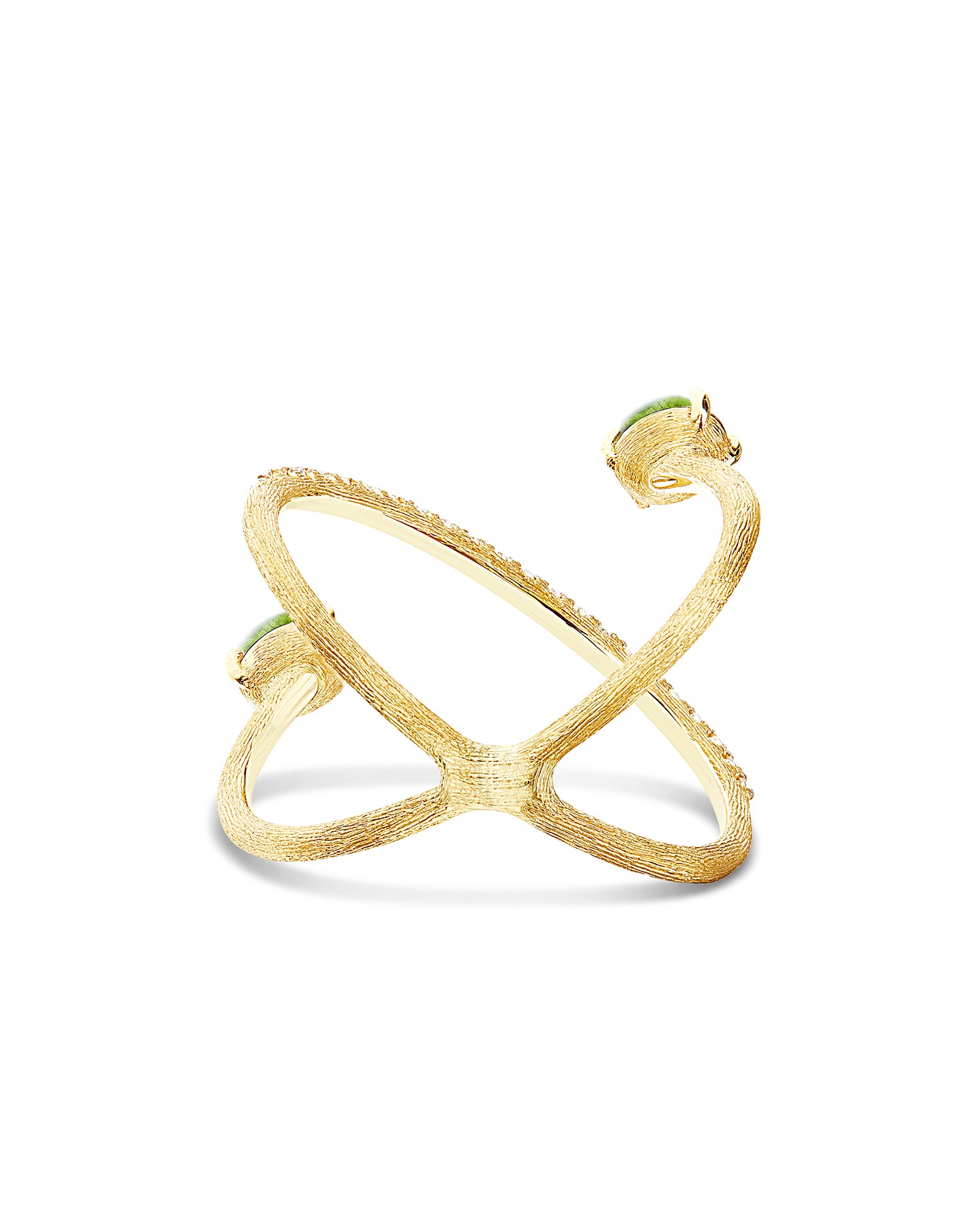 "Tourmalines" Gold, diamonds and green tourmaline criss cross ring