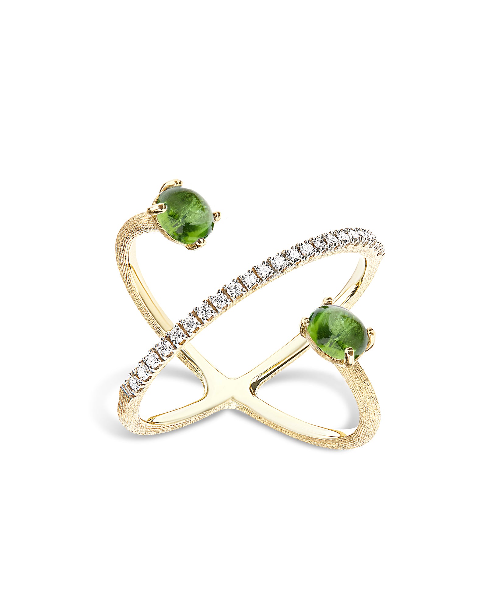 "Tourmalines" Gold, diamonds and green tourmaline criss cross ring