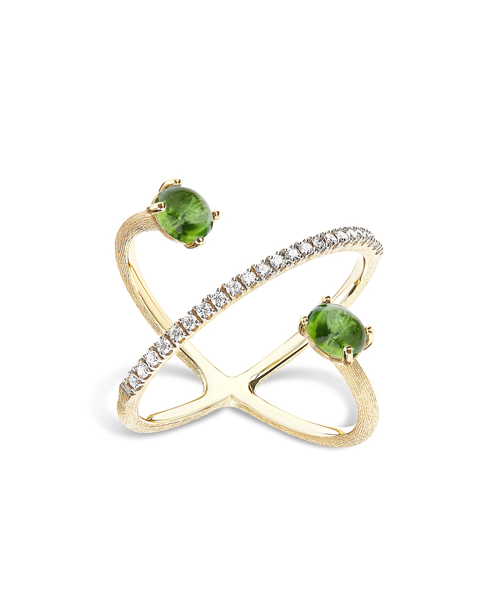 "Tourmalines" Gold, diamonds and green tourmaline criss cross ring