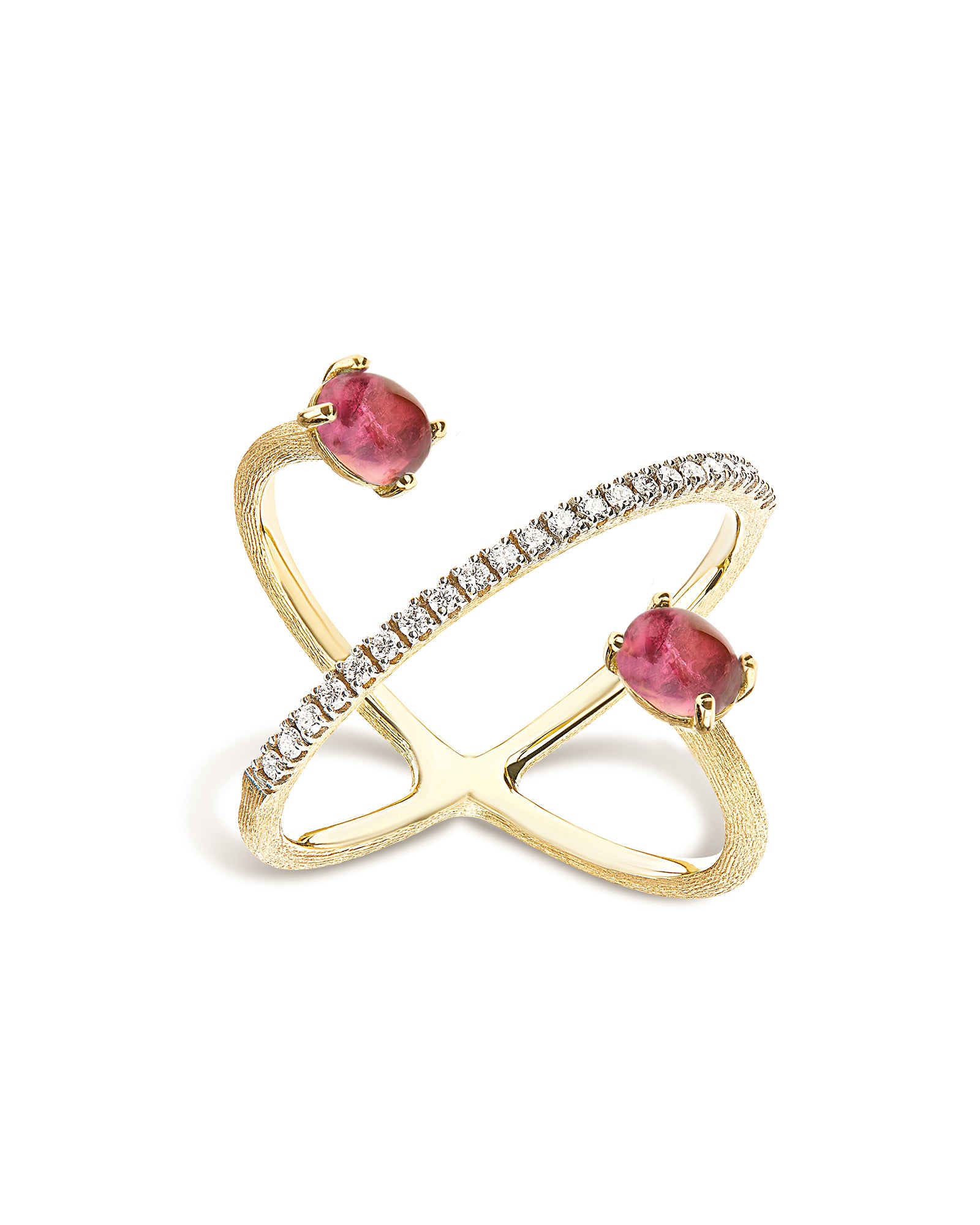 "Tourmalines" Gold, diamonds and pink tourmaline criss cross ring