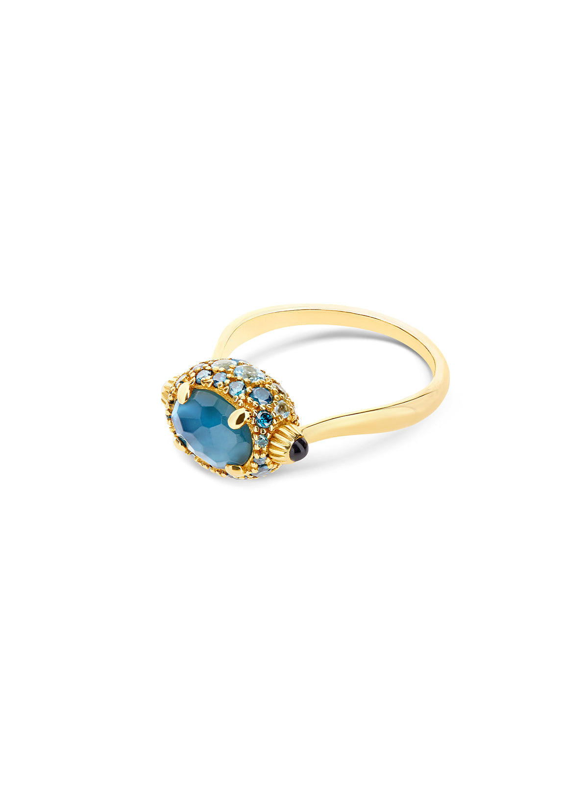 "Reverse" Gold, Blue Diamonds, Swiss Blue Topaz, Green Sapphires and London Blue Topaz Double-face Ring (SMALL)