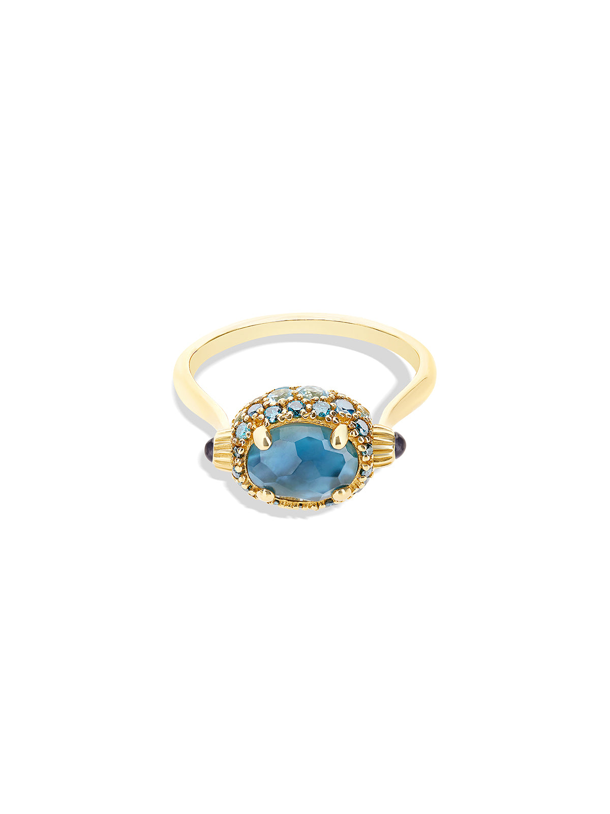 "Reverse" Gold, Blue Diamonds, Swiss Blue Topaz, Green Sapphires and London Blue Topaz Double-face Ring (SMALL)