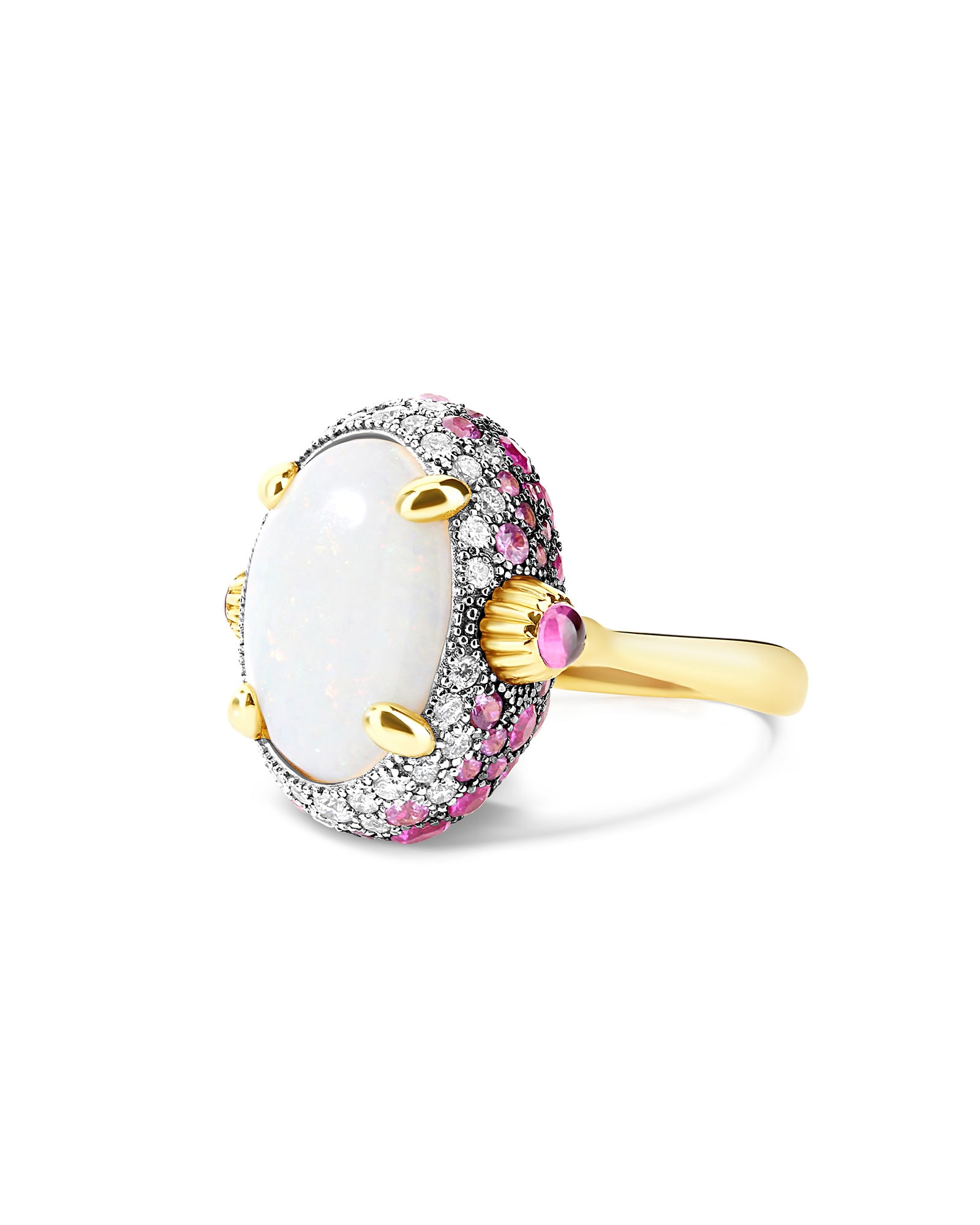 "Reverse" Gold, Pink Sapphires, Rubies, White Australian Opal and Diamonds Double-face Ring (LARGE)