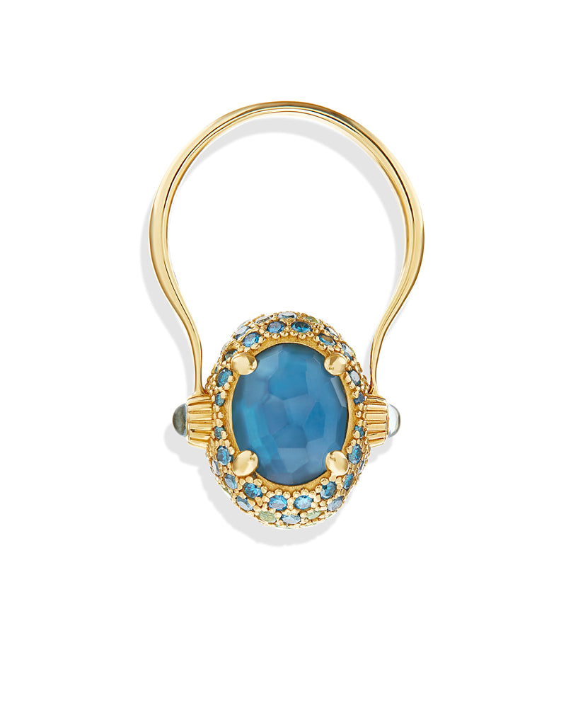"Reverse" Gold, Blue Diamonds, Swiss Blue Topaz, Green Sapphires and London Blue Topaz Double-face Ring (MEDIUM)