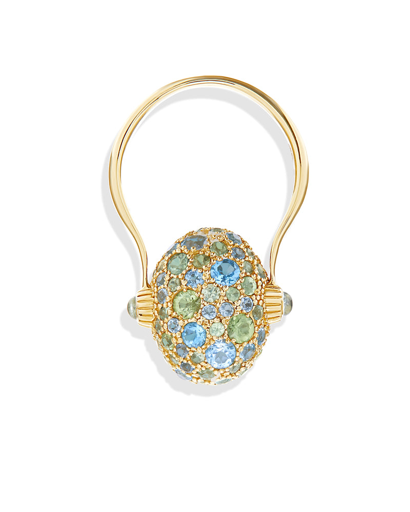 "Reverse" Gold, Blue Diamonds, Swiss Blue Topaz, Green Sapphires and London Blue Topaz Double-face Ring (MEDIUM)