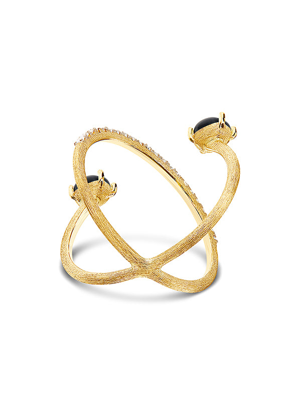 "MYSTERY BLACK" Gold, diamonds and Black Onyx criss cross ring