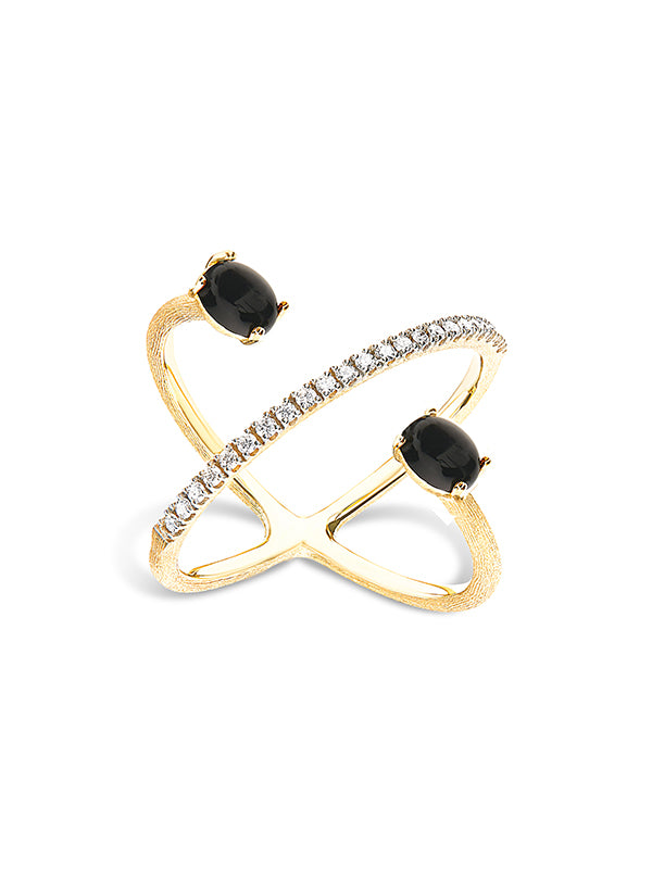 "MYSTERY BLACK" Gold, diamonds and Black Onyx criss cross ring