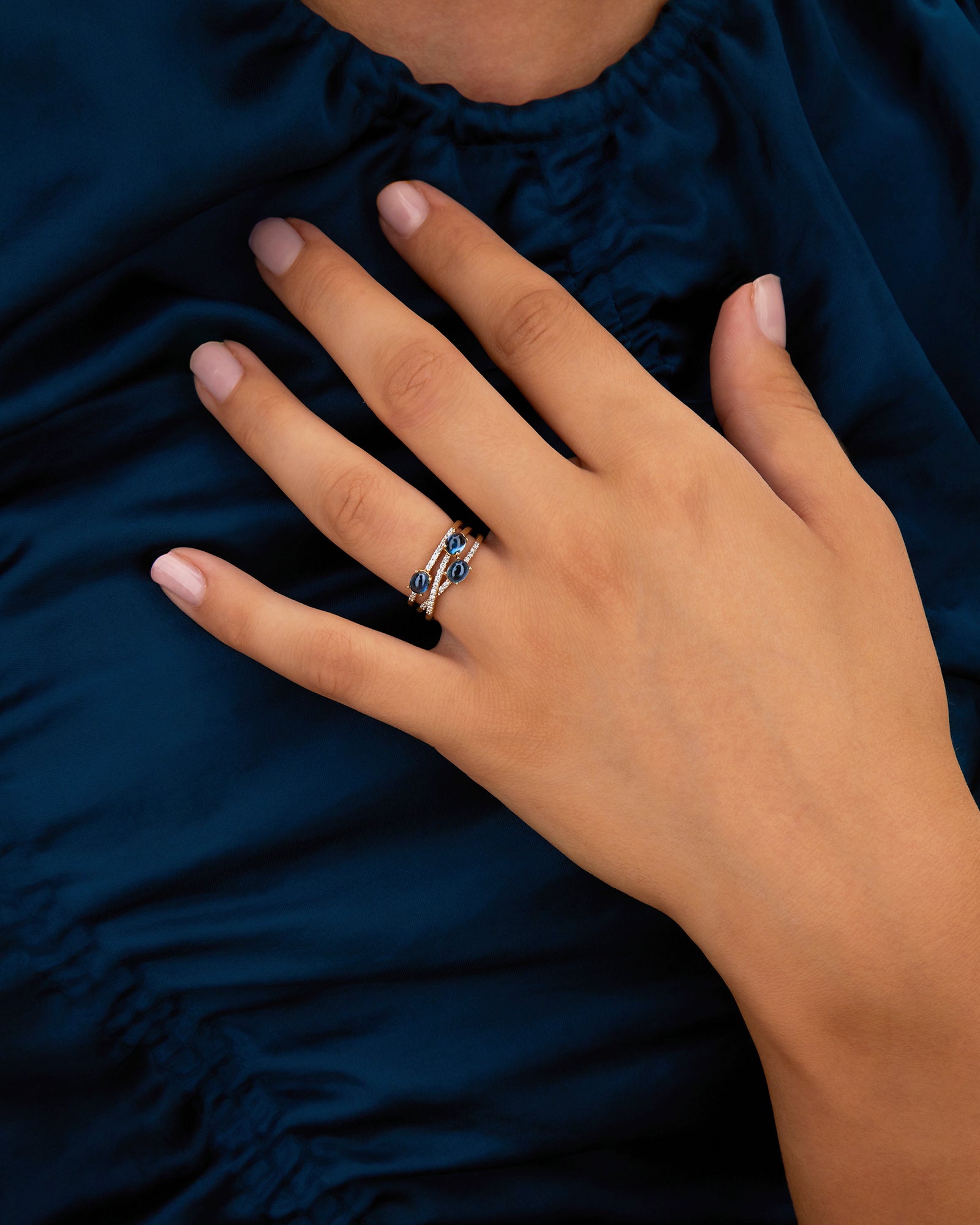"Azure" Gold, diamonds and London Blue Topaz cross over ring