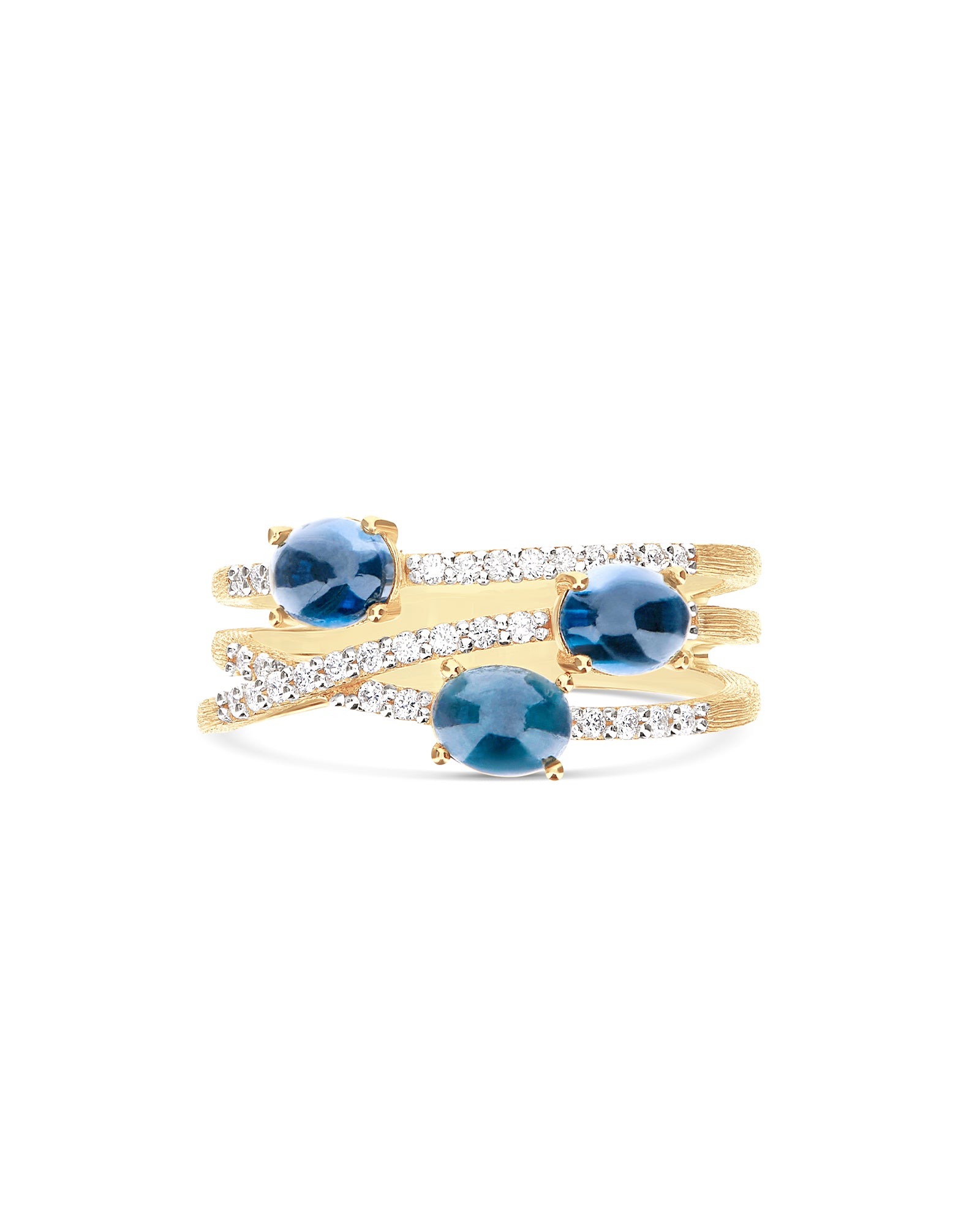 "Azure" Gold, diamonds and London Blue Topaz cross over ring
