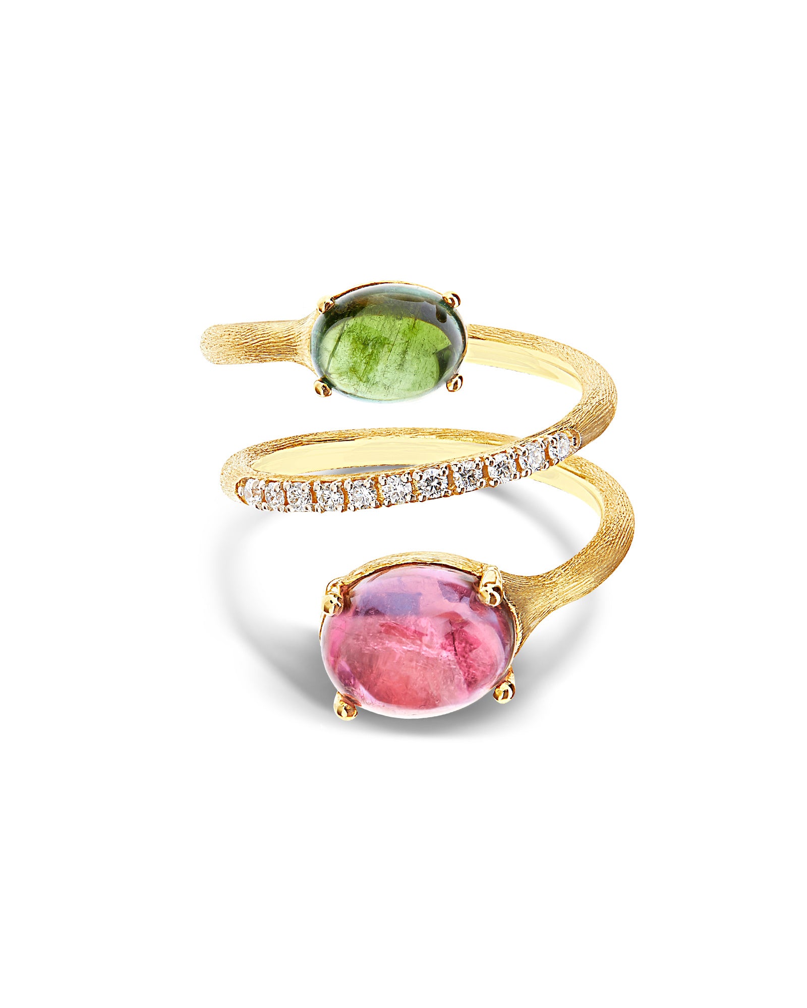 "Tourmalines" Gold, Diamonds, Pink and Green tourmalines, spiral ring
