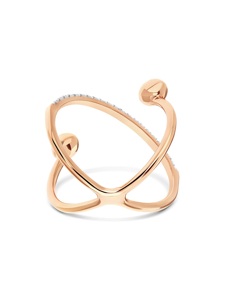 "Dancing élite" rose gold boules and diamonds criss cross ring (small)