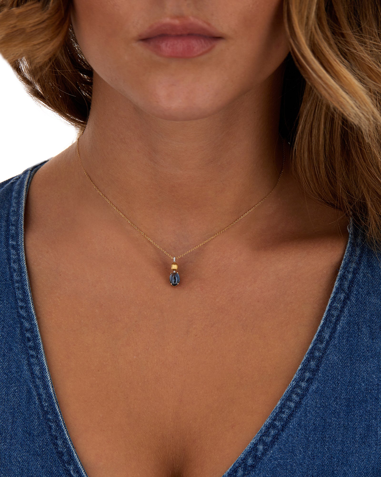 "Azure" Gold, diamonds and London Blue Topaz dainty short pendant