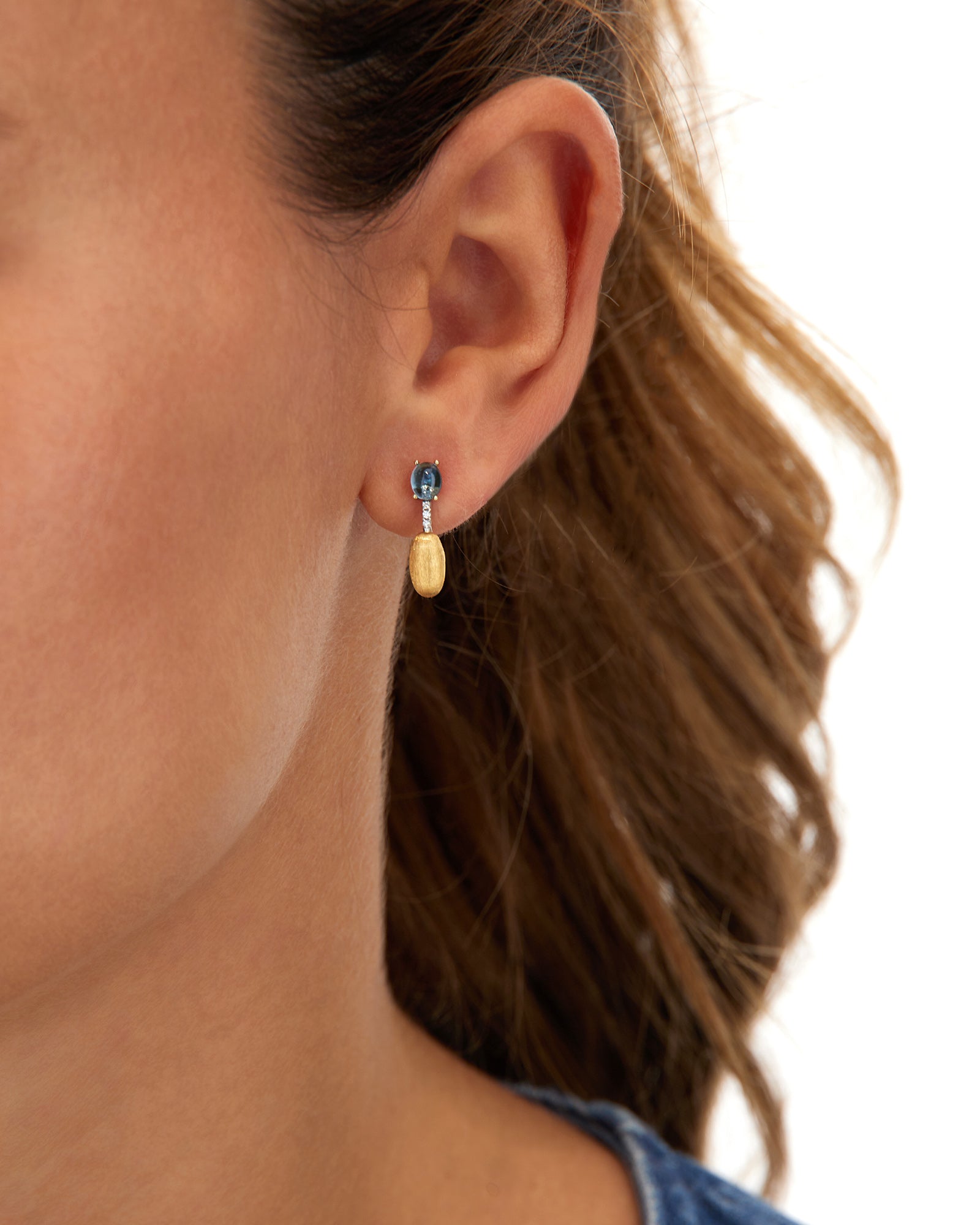 "Azure" Gold, London Blue Topaz boules and diamonds short earrings