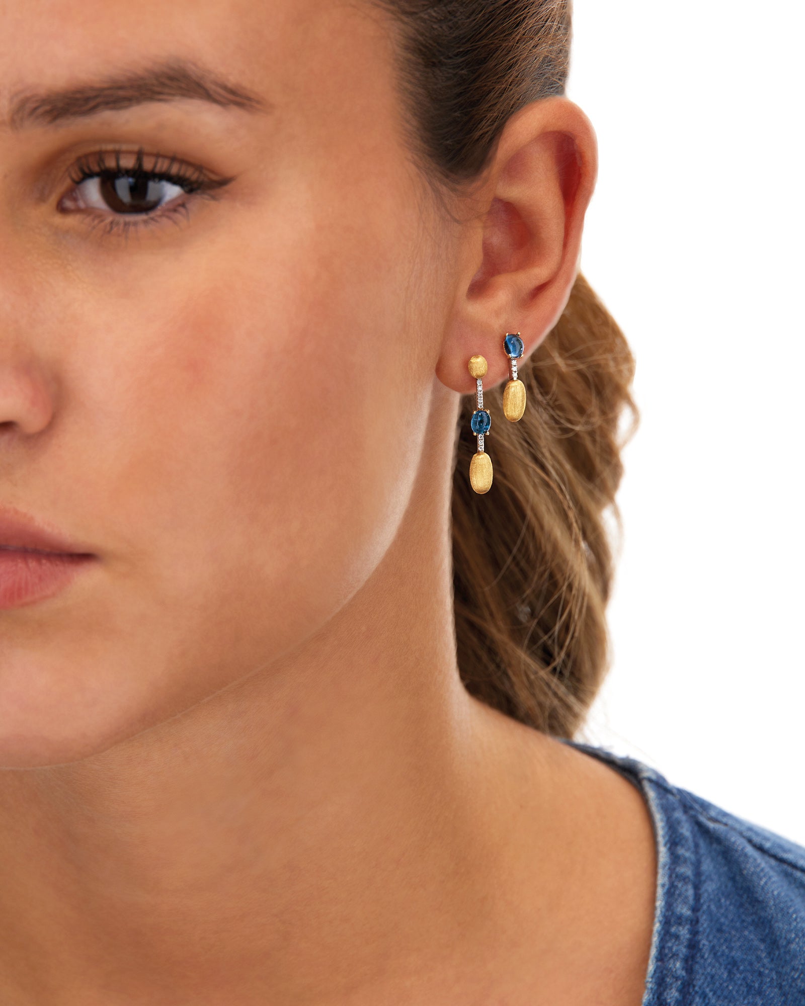 "Azure" Gold, London Blue Topaz boules and diamonds short earrings