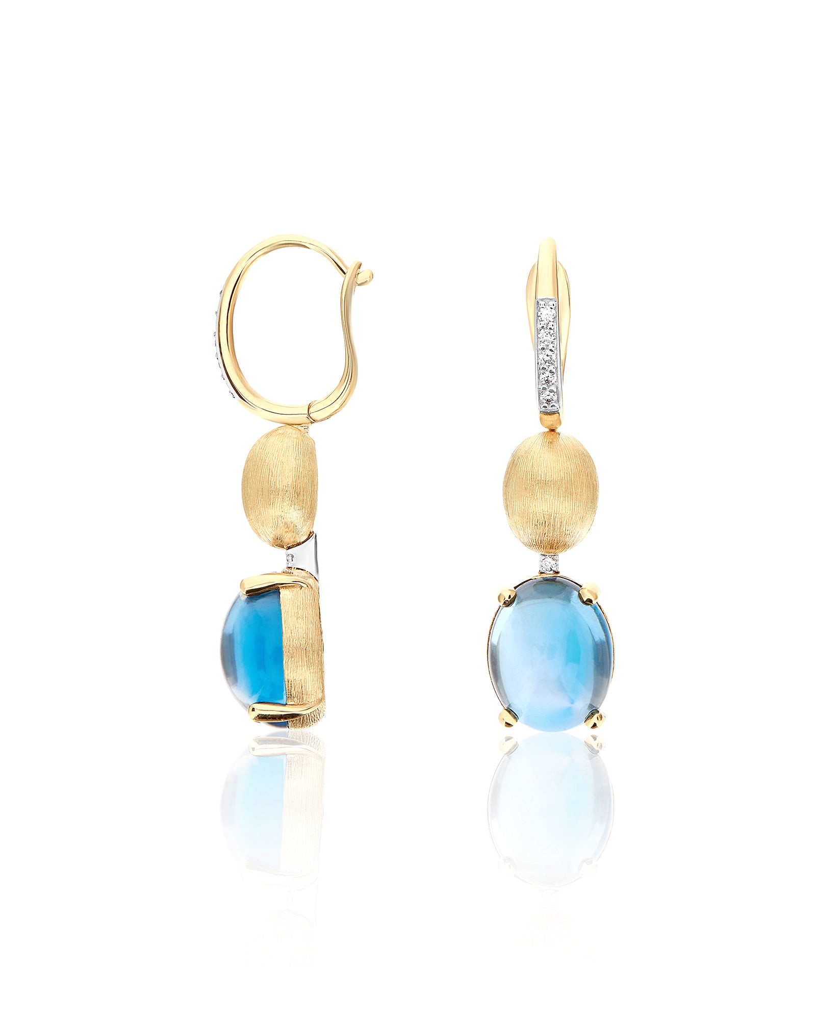 "Azure" Gold, diamonds and London Blue Topaz boules leverback earrings