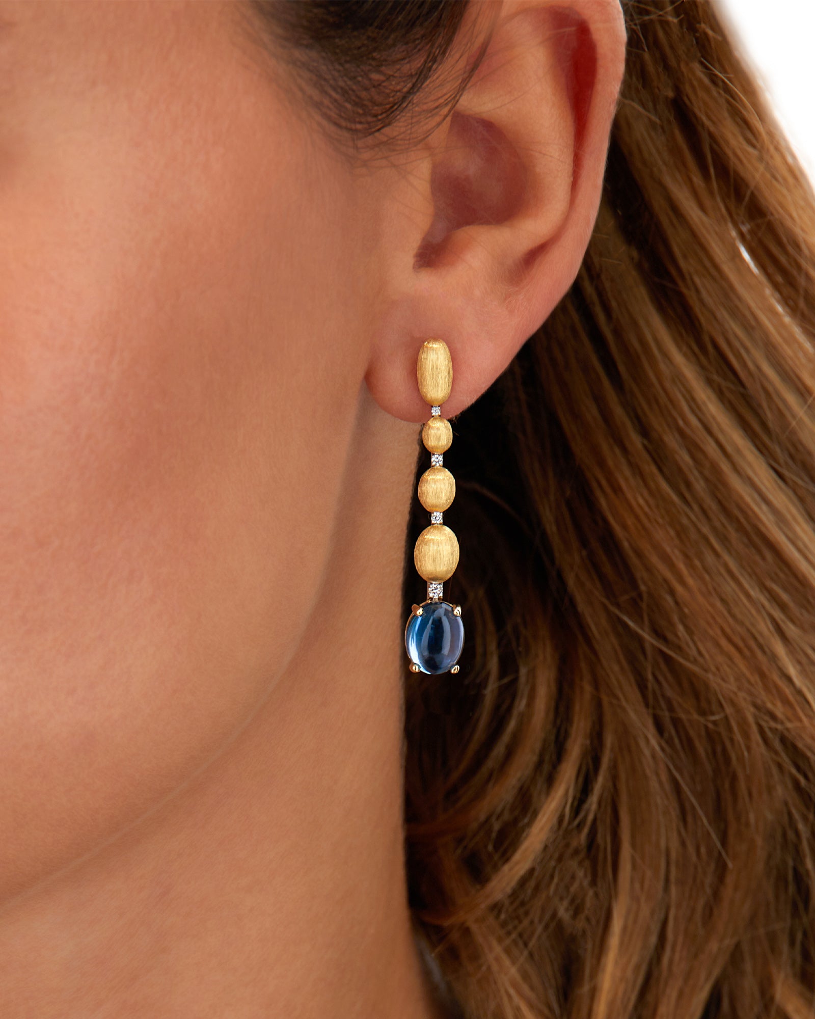 "Azure" Gold, diamonds and London Blue Topaz drops long earrings