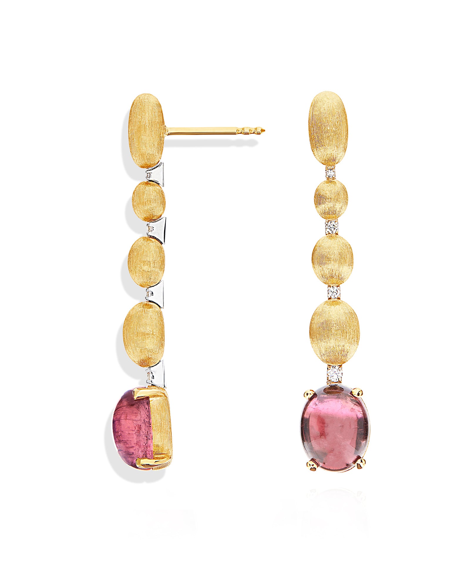 "Tourmalines" Gold, diamonds and pink tourmaline ball drop earrings (long)