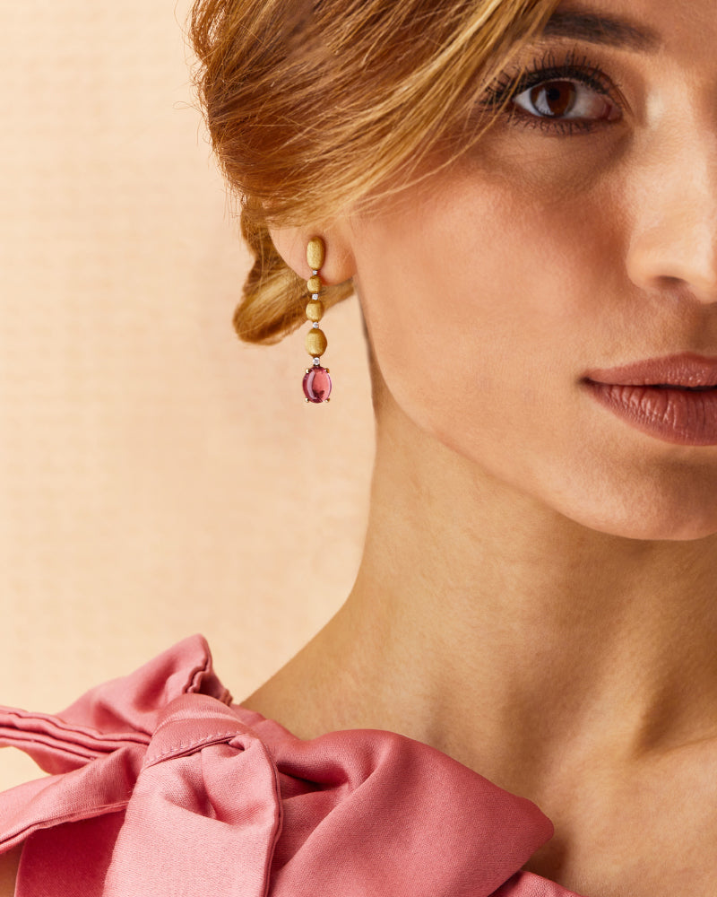 "Tourmalines" Gold, diamonds and pink tourmaline ball drop earrings (long)