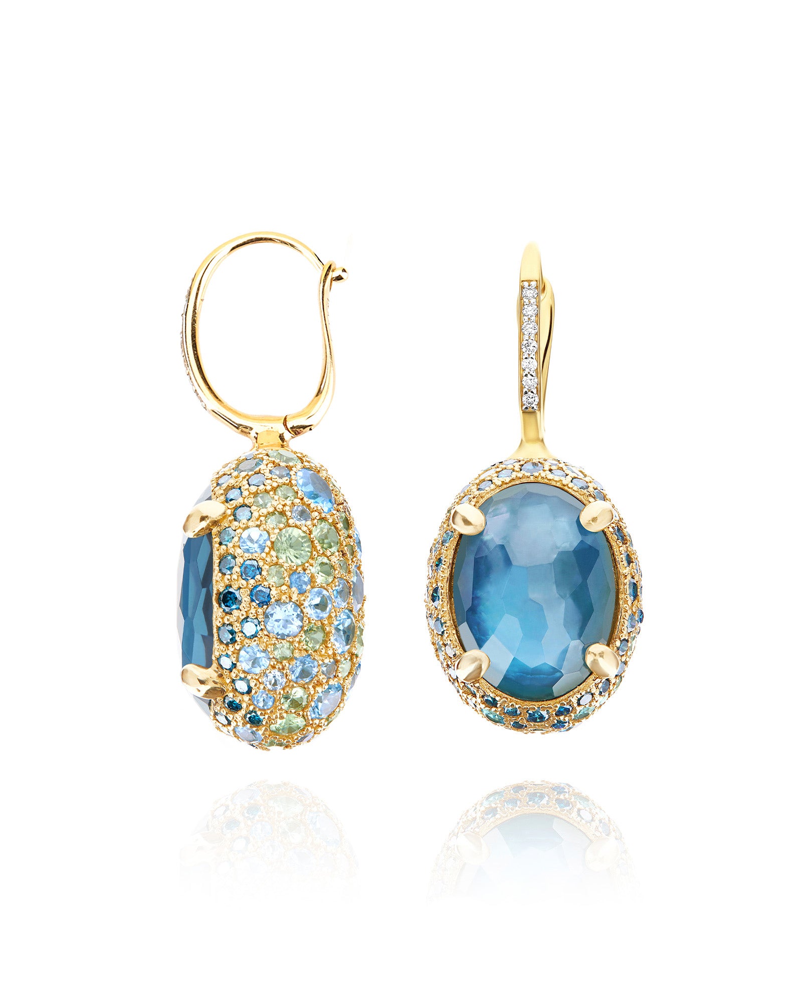 "Reverse" Ciliegine Gold, Blue Diamonds, Swiss Blue Topaz, Green Sapphires and London Blue Topaz Double-face Ball Drop Earrings (LARGE)