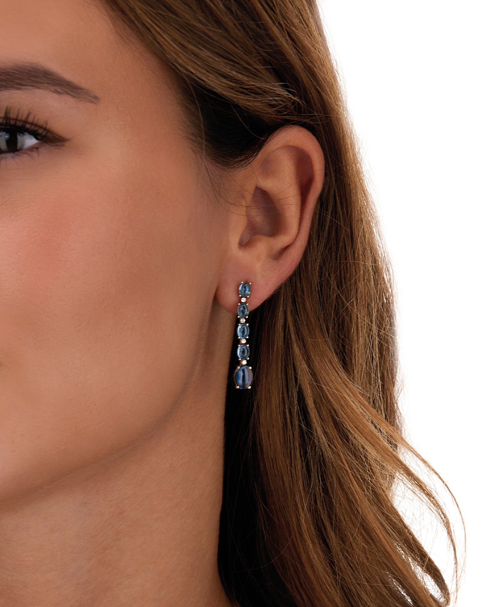 "Azure" Gold, diamonds and London Blue Topaz boules long earrings