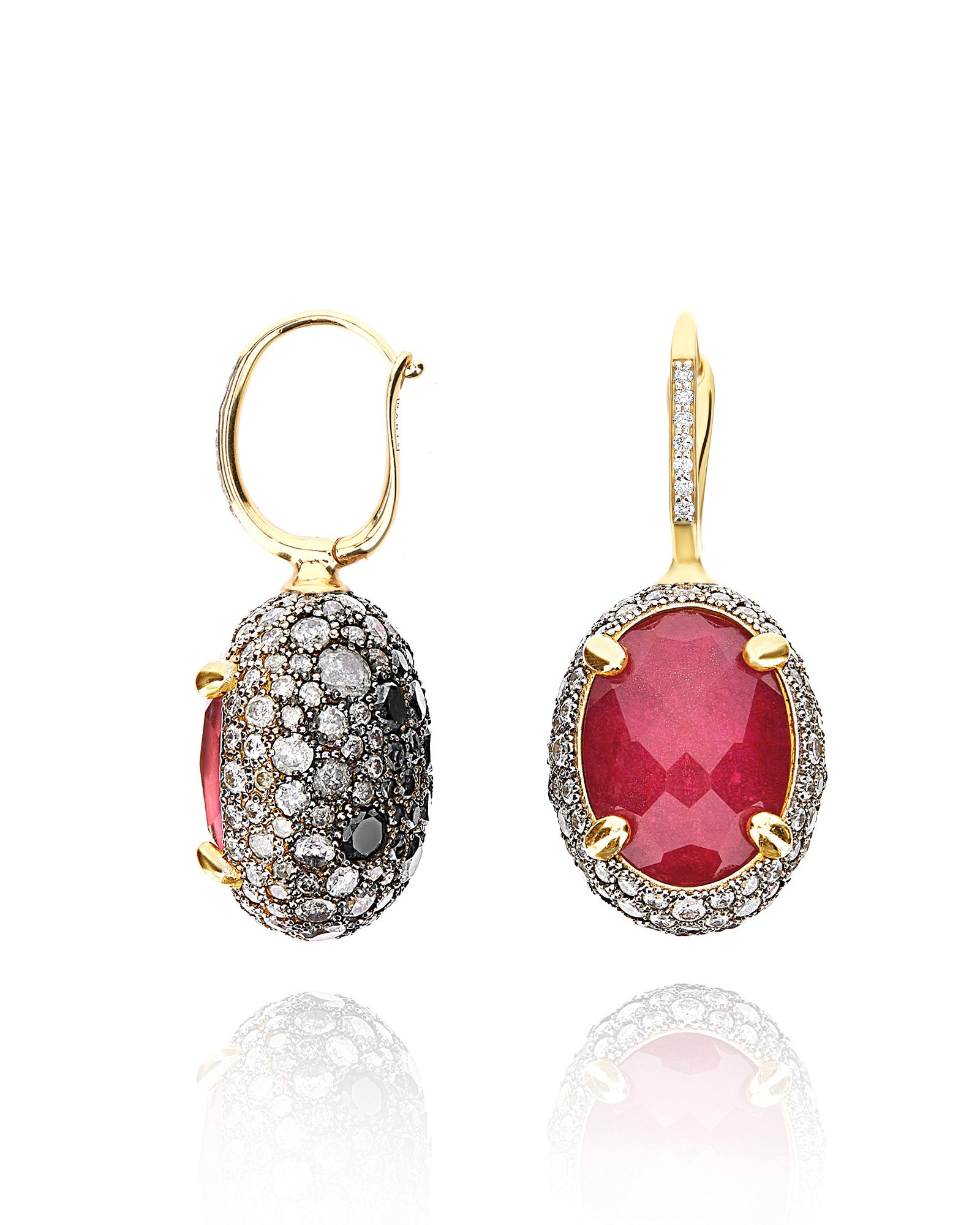 "Reverse" Ciliegine Gold, Diamonds, Rubies and Rock Crystal Double-face Ball Drop earring (LARGE)