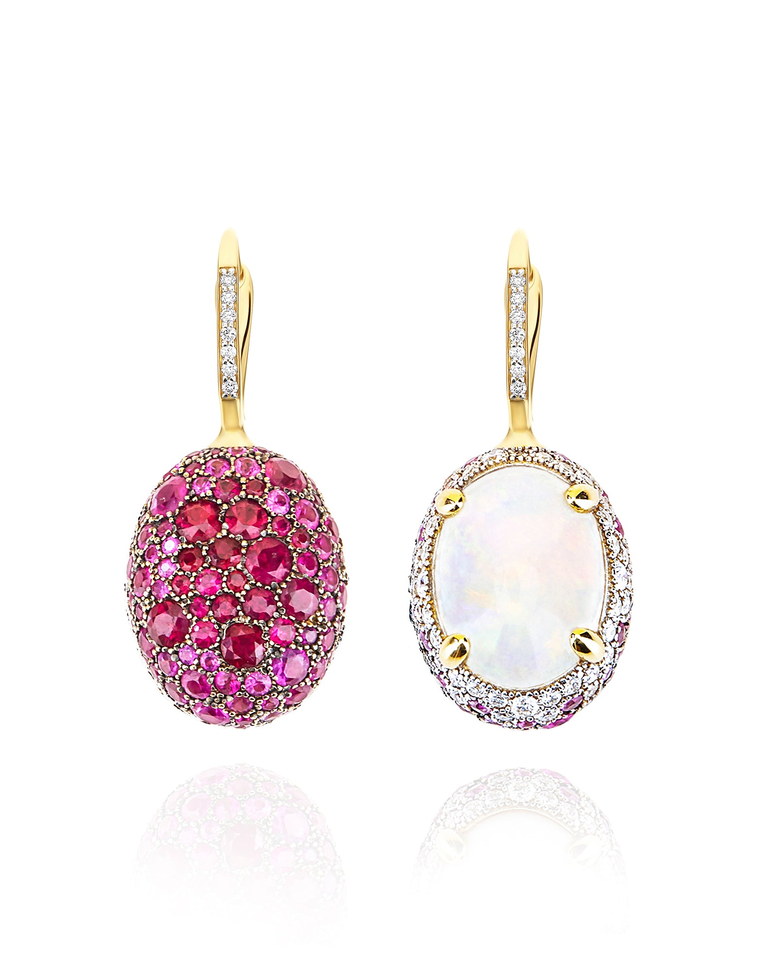 "Reverse" Ciliegine Gold, Pink Sapphires, Rubies, White Australian Opal and Diamonds Double-face Ball Drop Earrings (LARGE)