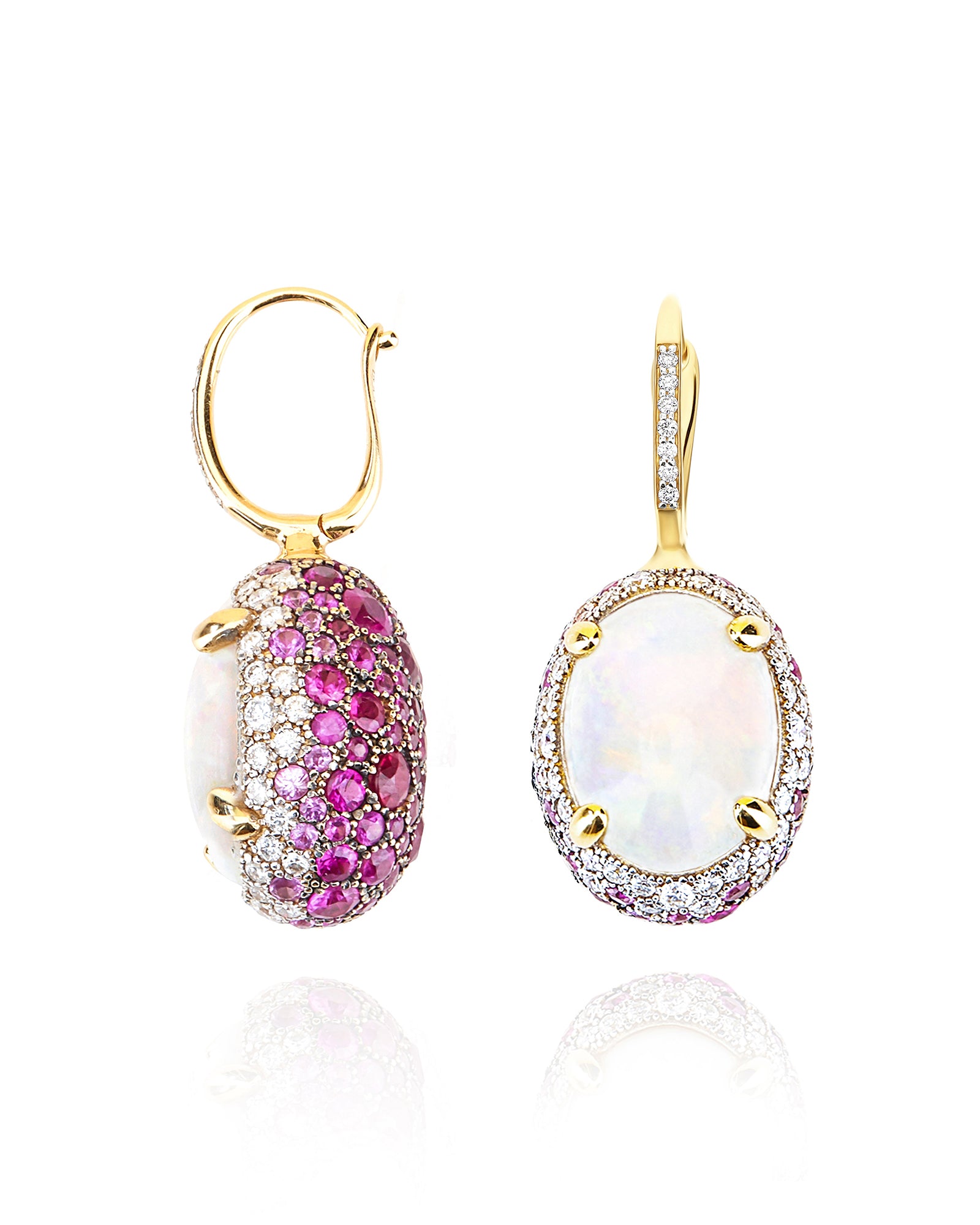 "Reverse" Ciliegine Gold, Pink Sapphires, Rubies, White Australian Opal and Diamonds Double-face Ball Drop Earrings (LARGE)