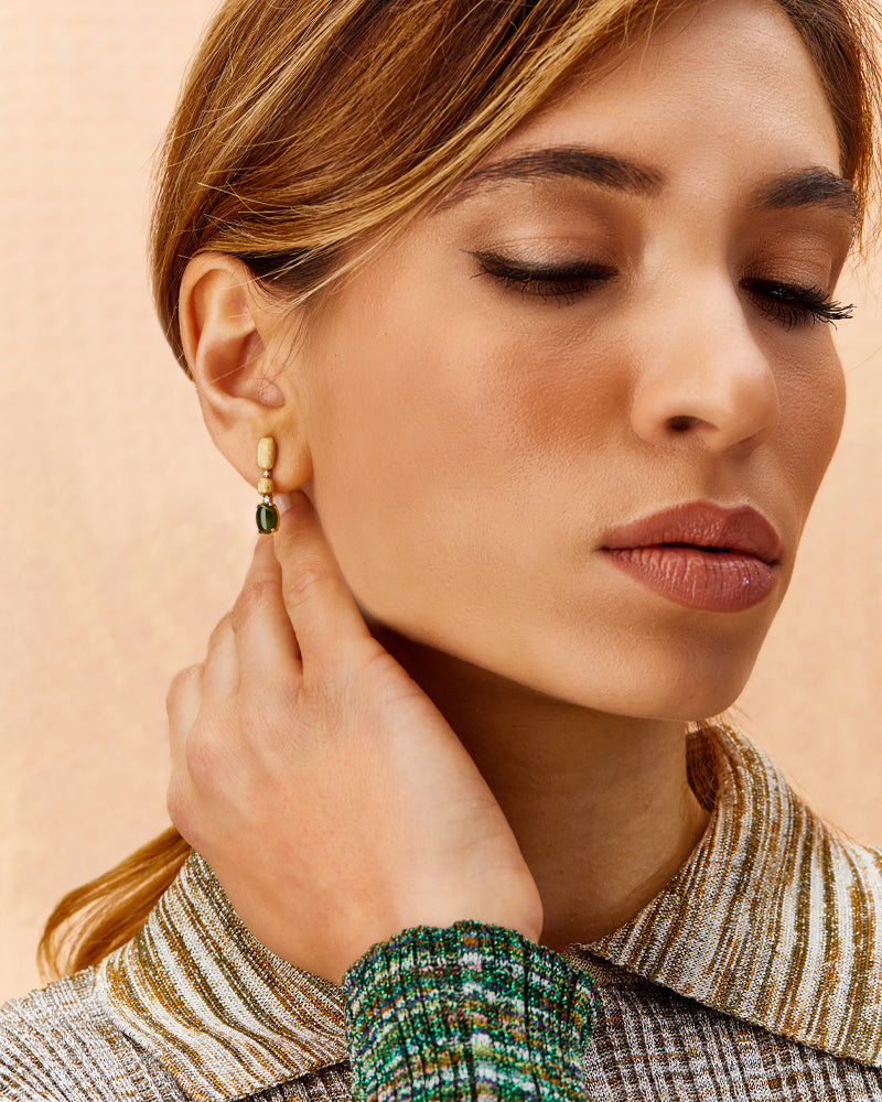 "Tourmalines" Gold, diamonds and green tourmaline ball drop earrings (short)