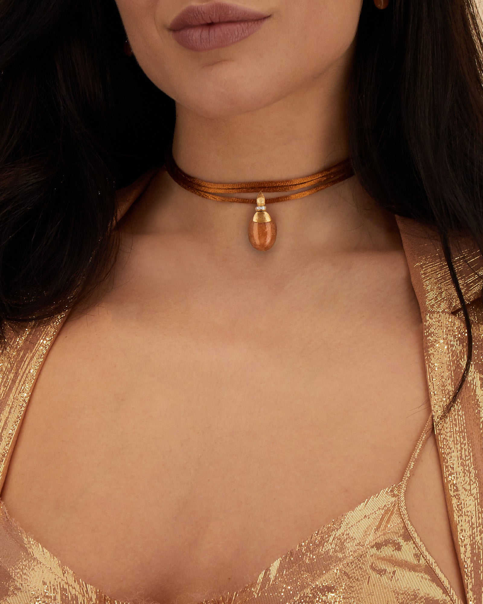 "Petra" Gold, Diamonds and Orange Aventurine Pendant (LARGE)