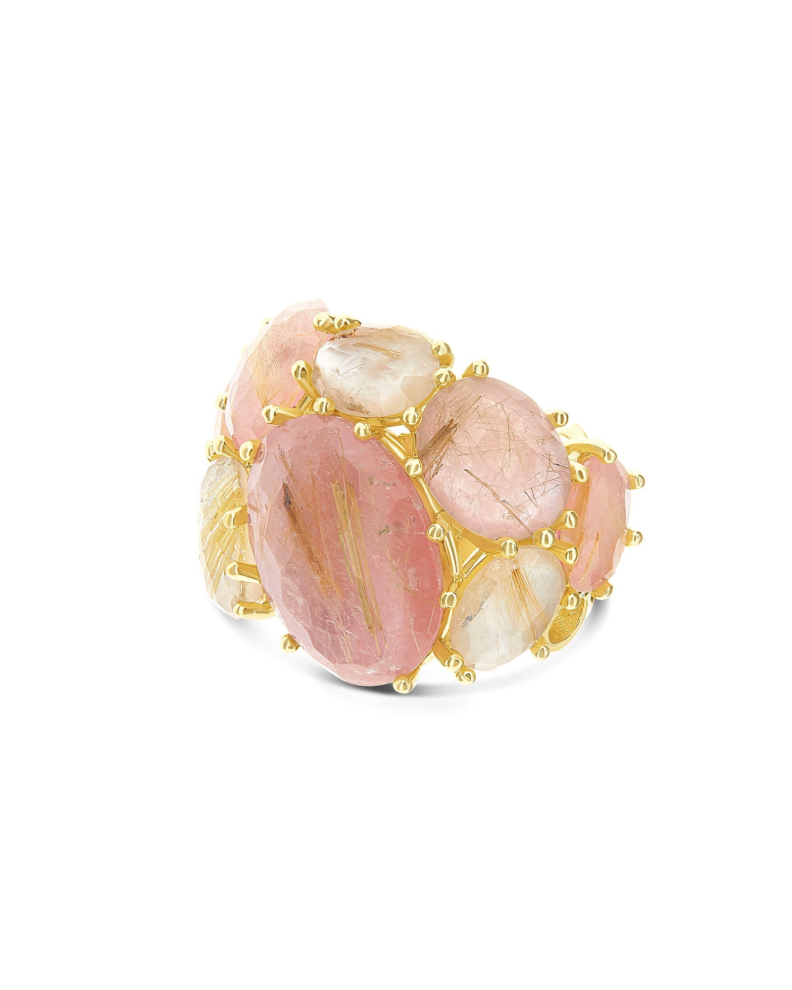 Ipanema Sol ring, band, in gold, rutilated quartz, mother-of-pearl and pink jade