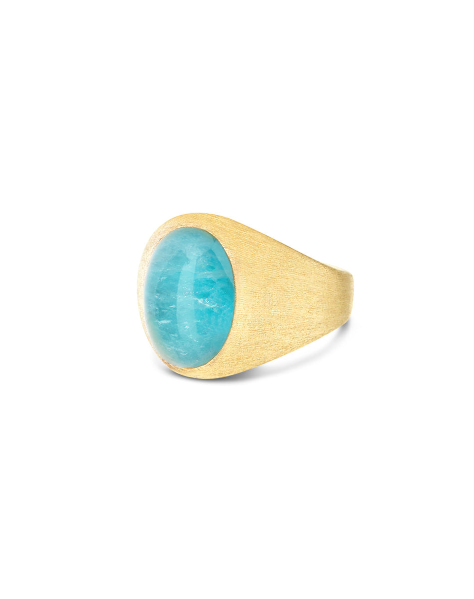 Anice Boules ring (small), signet, in engraved gold, amazonite and Rock crystal