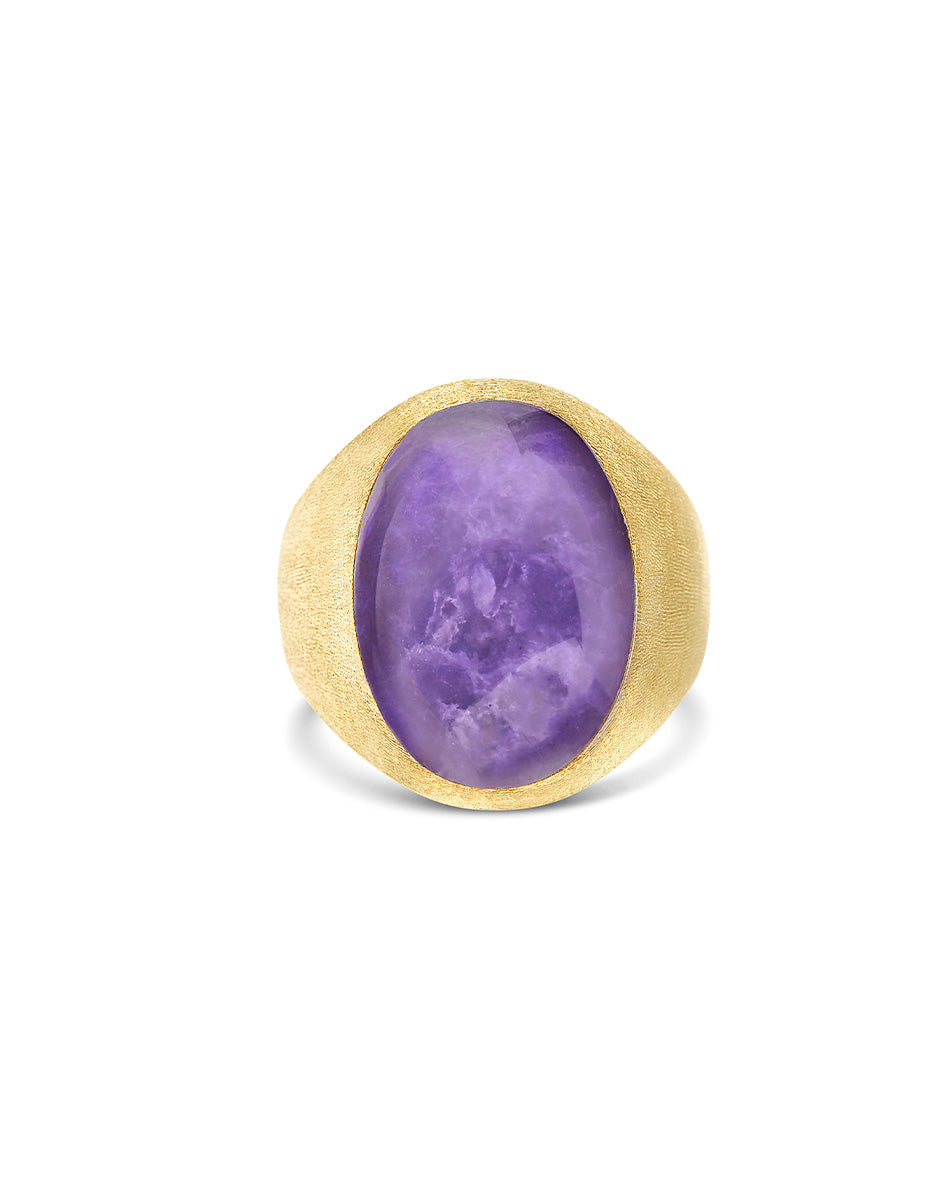 Violetta “Muse” signet ring in engraved gold, lepidolite and mother-of-pearl (large)