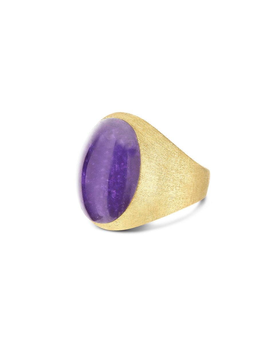 Violetta Boules ring (big), signet, in engraved gold, lepidolite, mother-of-pearl and Rock crystal