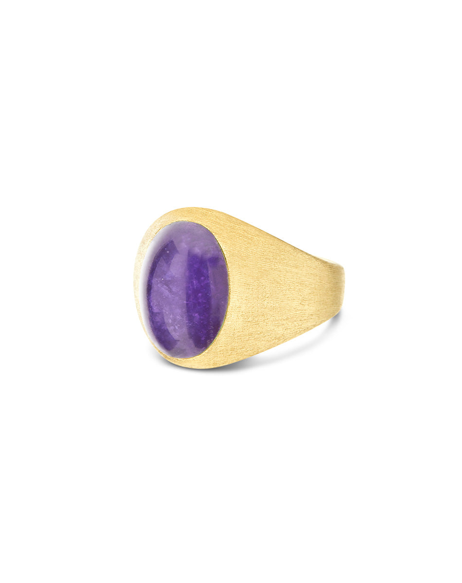 Violetta Boules ring (small), signet, in engraved gold, lepidolite, mother-of-pearl and Rock crystal