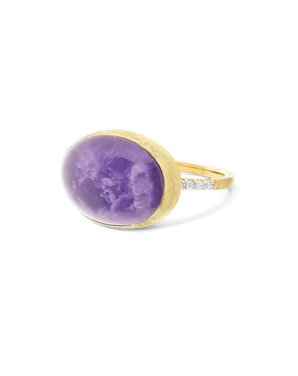 Violetta Boules ring (big), in engraved gold, diamonds, lepidolite, mother-of-pearl and Rock crystal