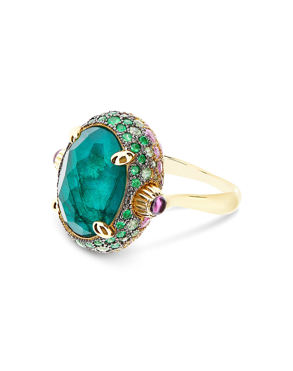 Reverse ring (big), reversible, in gold, diamonds, labradorite, Rock crystal, amethyst, green sapphire, pink sapphire and tsavorite