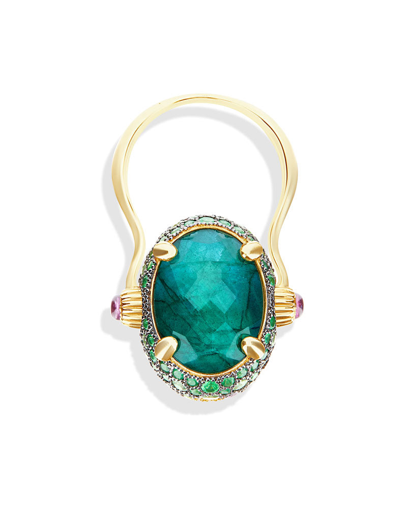 "Reverse" Gold, Sapphire, Tsavorite, Amethyst, Green Labradorite and Rock Crystal Double-face Ring  (LARGE)