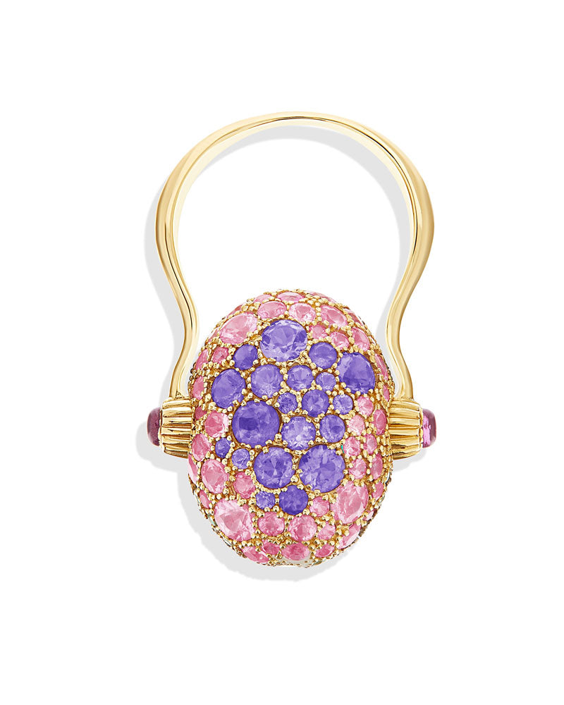 "Reverse" Gold, Sapphire, Tsavorite, Amethyst, Green Labradorite and Rock Crystal Double-face Ring  (LARGE)