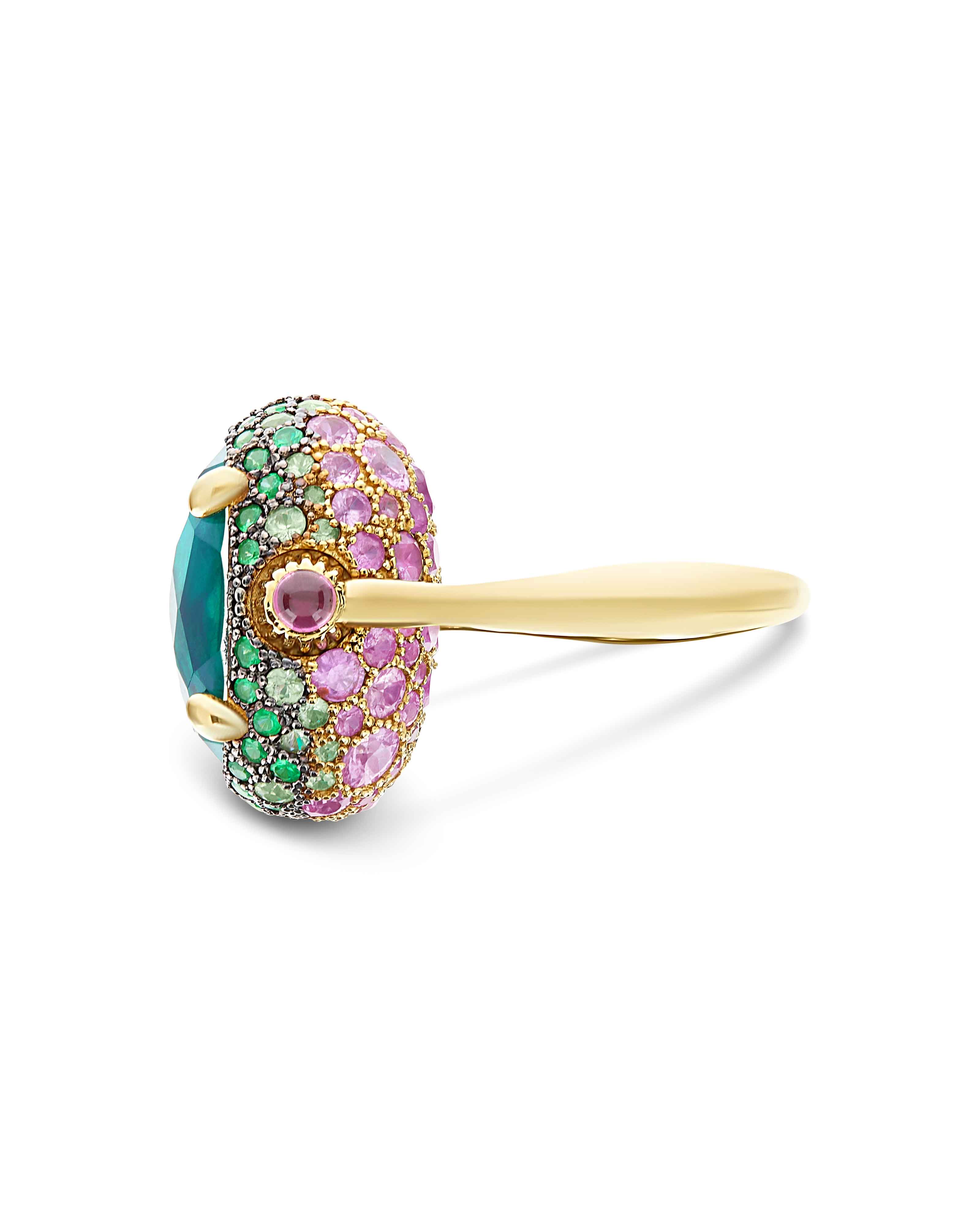 "Reverse" Gold, Sapphire, Tsavorite, Amethyst, Green Labradorite and Rock Crystal Double-face Ring  (LARGE)