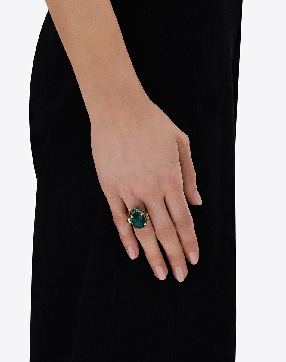 "Reverse" Gold, Sapphire, Tsavorite, Amethyst, Green Labradorite and Rock Crystal Double-face Ring  (LARGE)