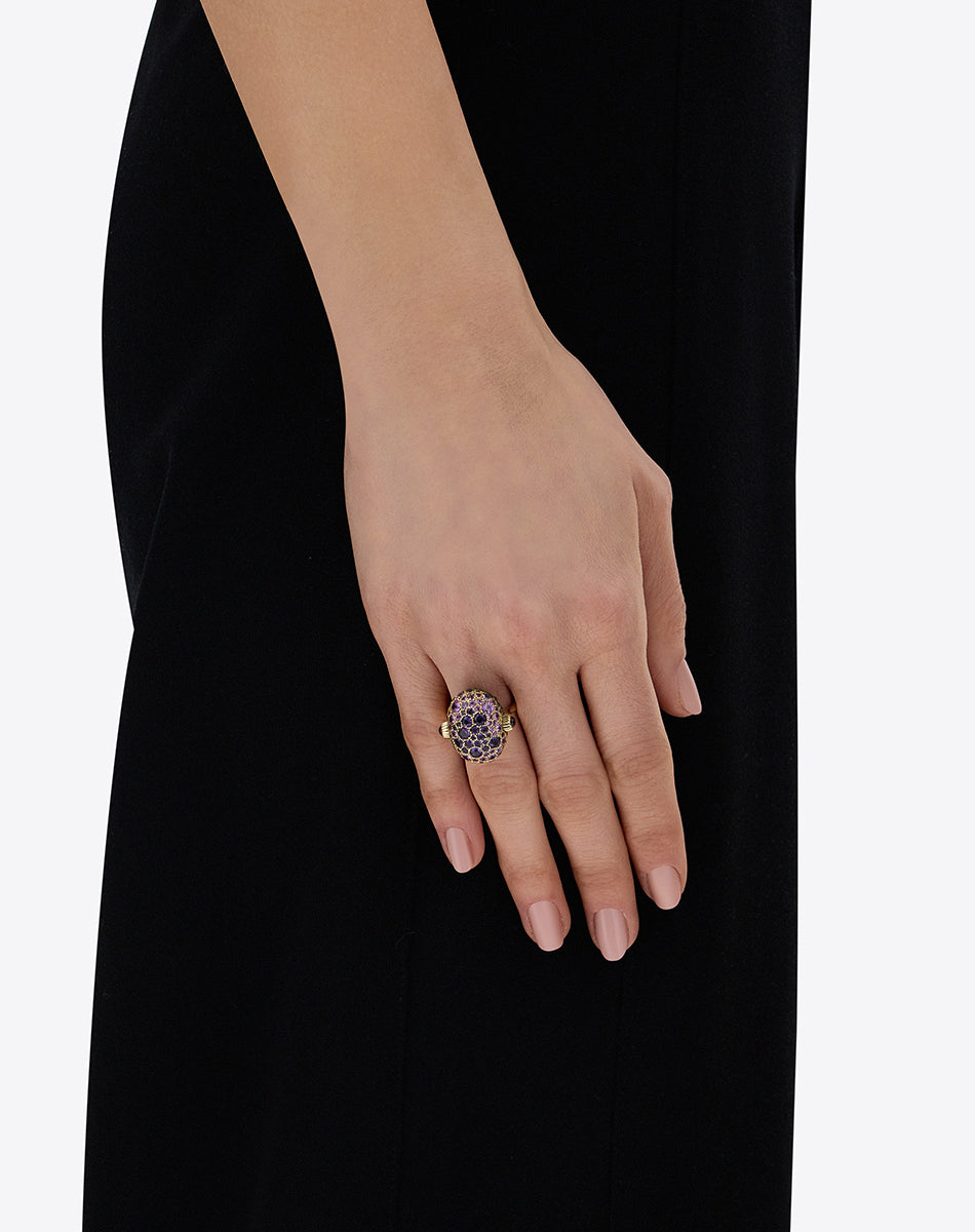"Reverse" Gold, Sapphire, Tsavorite, Amethyst, Green Labradorite and Rock Crystal Double-face Ring  (LARGE)