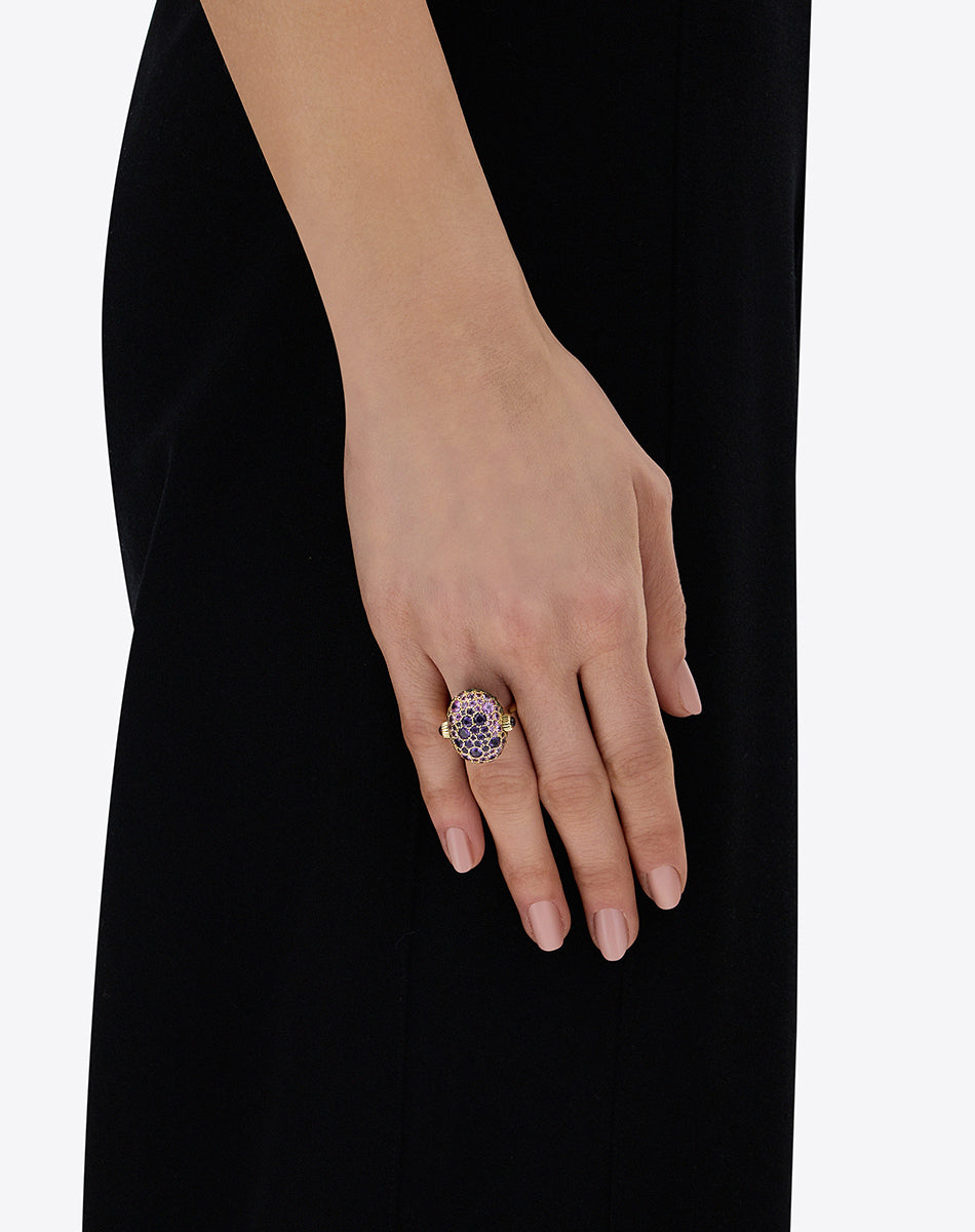 "Reverse" Gold, Sapphire, Tsavorite, Amethyst, Green Labradorite and Rock Crystal Double-face Ring  (LARGE)