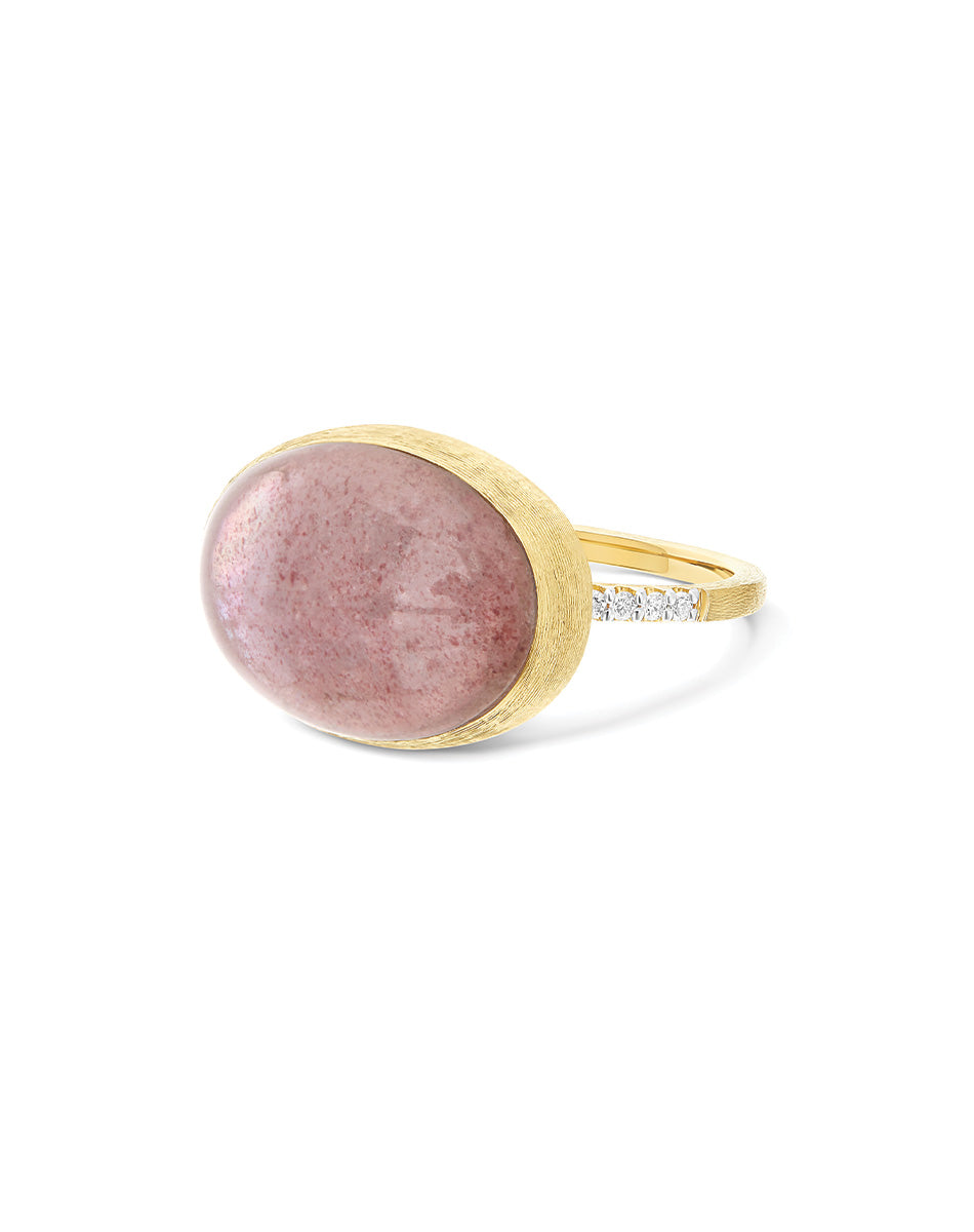 Rosolio Boules ring (big), in engraved gold, diamonds, strawberry quartz, mother-of-pearl and Rock crystal