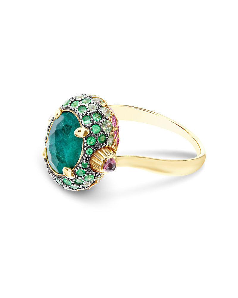 Reverse ring (medium), reversible, in gold, diamonds, labradorite, Rock crystal, amethyst, green sapphire, pink sapphire and tsavorite