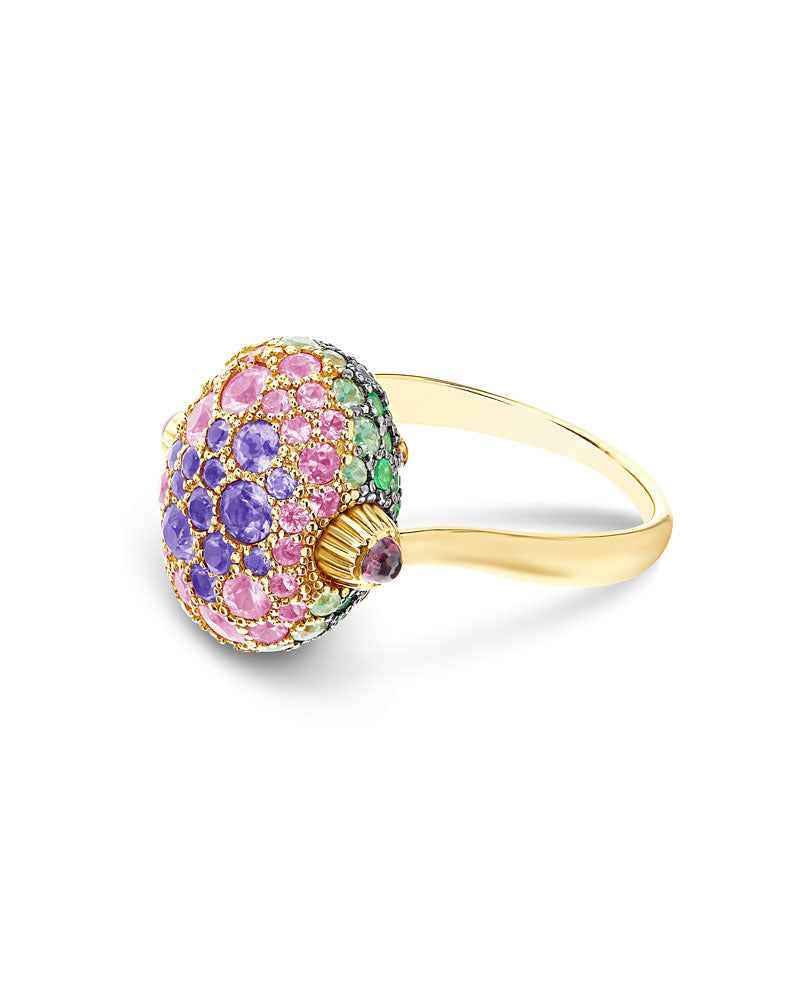 "Reverse" Gold, Sapphire, Tsavorite, Amethyst, Green Labradorite and Rock Crystal Double-face Ring (MEDIUM)